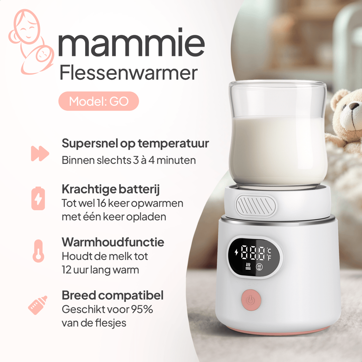 GO Draagbare Flessenwarmer Onderweg - Draadloos - Incl 6 Adapters - 4 Temperatuurniveaus - Mammie