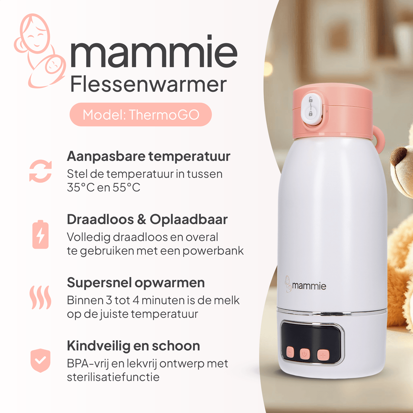 ThermoGO Thermosfles Flessenwarmer Onderweg - Draadloos - Alle Merken - 500 ML - Mammie